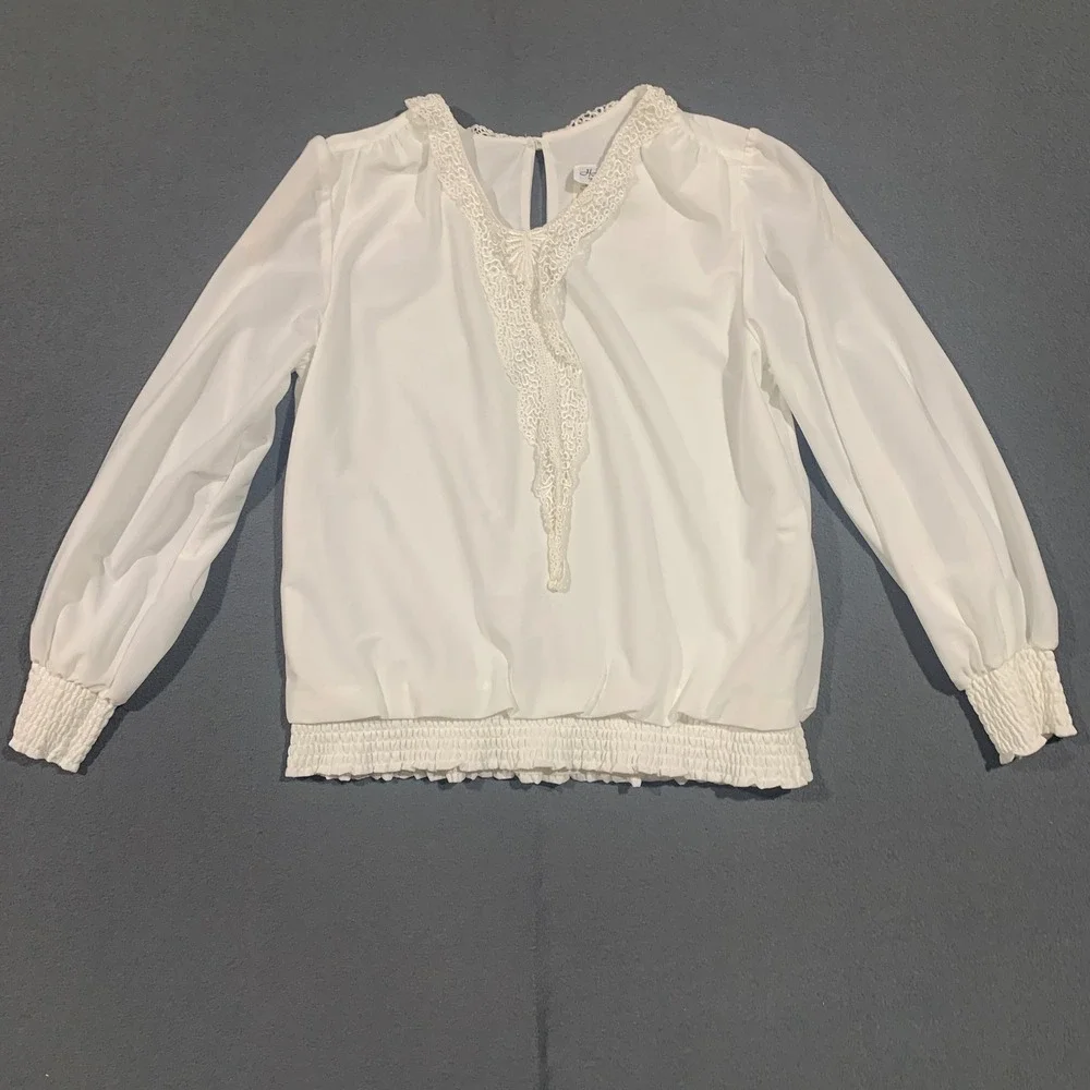 Vintage USA 2pc Womens White Pleated Skirt‎ Set With Blouse Sheer Lace Size 12